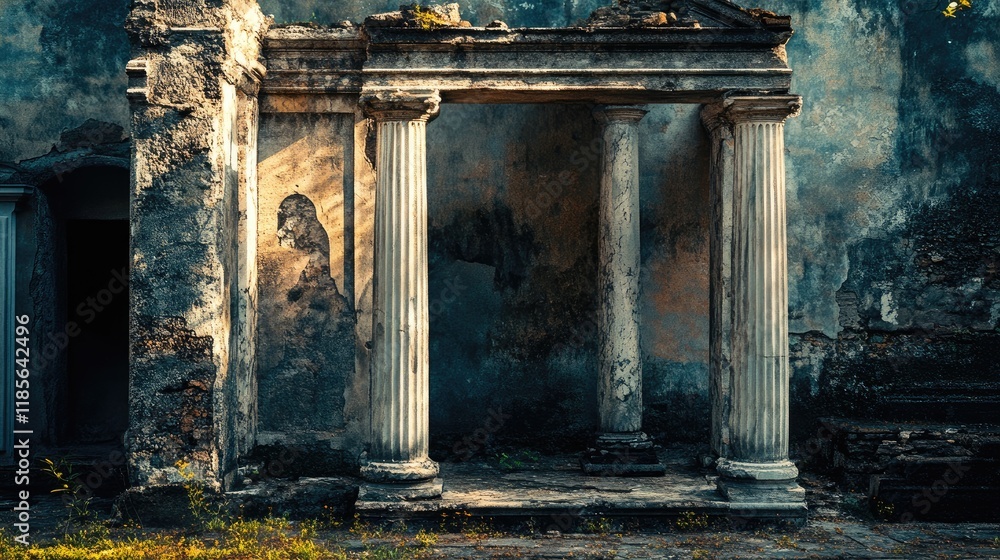 Poster ancient architectural ruins with impressive columns showcasing weathered textures and historical sig