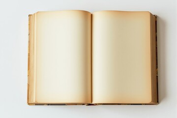 Fototapeta premium Open blank vintage book with yellowed pages, displaying a space for writing or design on a clean white background. Concept of nostalgia and creativity. Ai generative