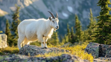 Obraz premium Majestic mountain goat standing on rocky terrain surrounded by greenery under warm sunlight in a scenic natural landscape.