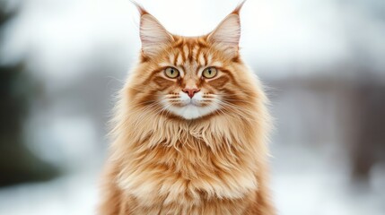 Obraz premium Majestic Maine Coon cat with long red fur and intense gaze prominently displayed against a soft blurred natural background ideal for copy space.