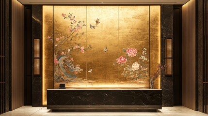 Elegant wall art display luxury hotel lobby interior design modern ambiance serene view cultural aesthetic