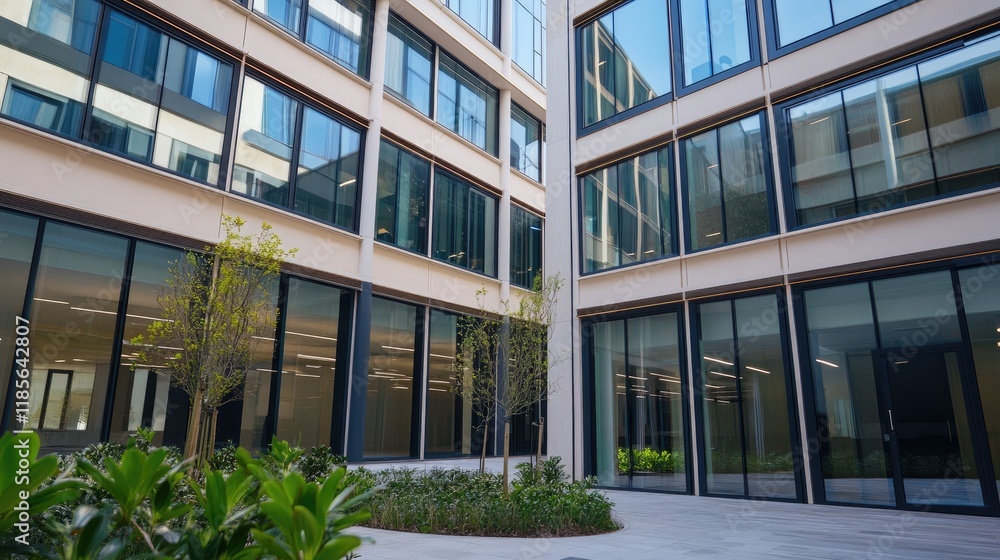 Poster Modern office building architecture featuring rows of large windows and a tranquil courtyard with greenery and natural light reflections