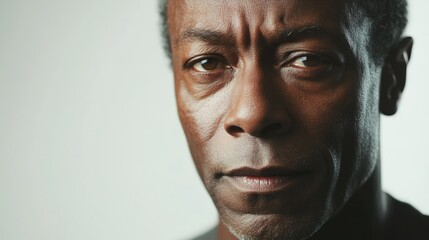 Intense close-up portrait of a thoughtful man against a soft white background emphasizing facial features and emotions