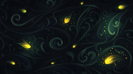 Glowing Comets Across Swirling Dark Green Vines