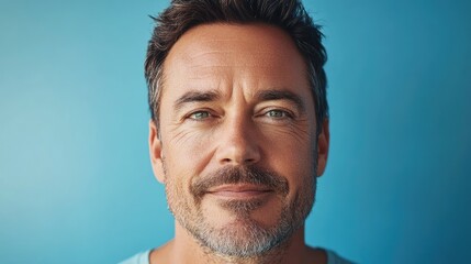 Obraz premium Confident mature man smiling warmly against a serene blue background showcasing approachability and charm in a modern portraiture style