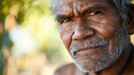 Obraz premium Portrait of a mature indigenous man showcasing resilience and wisdom in a natural setting reflecting traditional hunter-gatherer culture