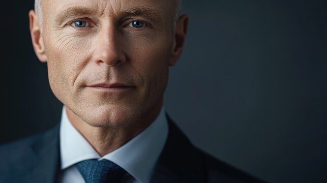 Close-up portrait of a mature man in a suit against a dark background showcasing confidence and professionalism with space for text