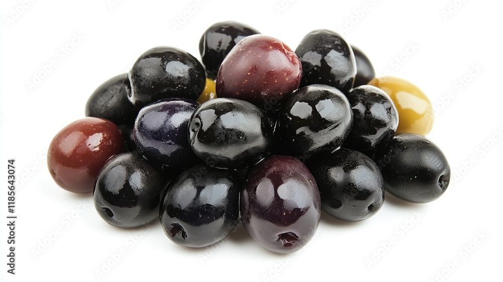 Poster assorted ripe olives arranged in a clustered pile showcasing diverse colors and textures on a clean 