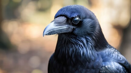 Fototapeta premium Elegant close-up of a raven displaying deep sorrowful eyes and a melancholic expression against a blurred natural background.
