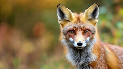 Fototapeta premium Close up portrait of a red fox with captivating eyes set against a blurred natural background showcasing its striking features.