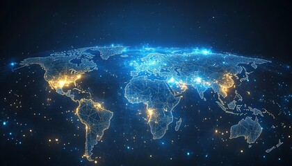 A global communication network concept with interconnected business nodes and human resources collaboration across worldwide platforms