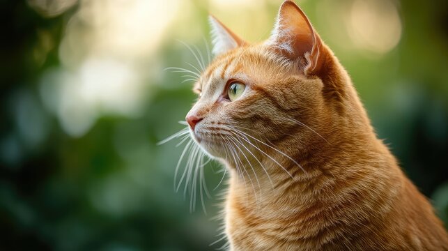 Close up portrait of an orange tabby cat showcasing its detailed fur against a softly blurred garden backdrop