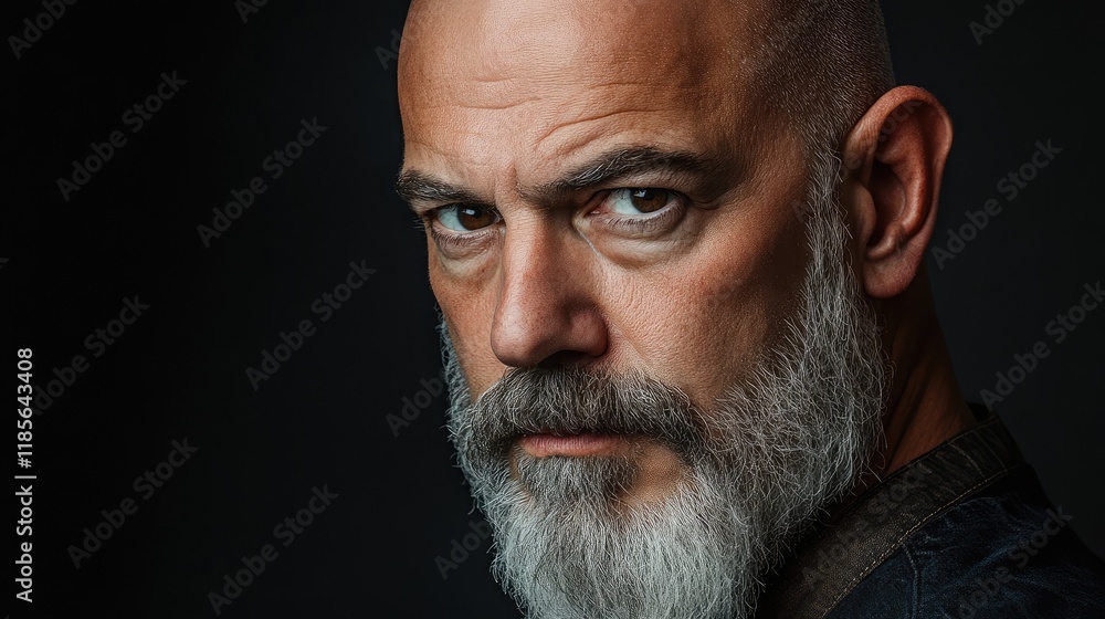 Poster serious portrait of mature bald man with beard in studio against dark background capturing intense e
