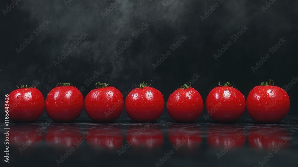 Poster fresh ripe red tomatoes arranged in a row on a dark reflective surface with water droplets enhancing