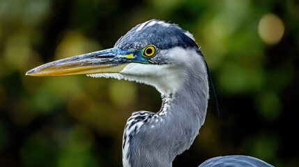 Close up portrait of a senior great grey heron showcasing its detailed features and vibrant plumage in a natural setting