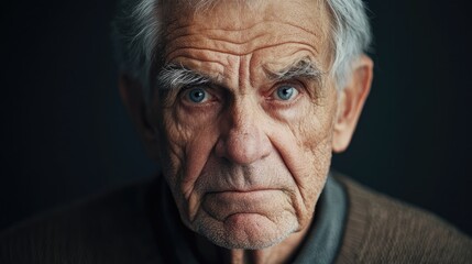 Close up portrait of a serious elderly man with gray hair displaying deep wrinkles against a dark background capturing a sense of wisdom and resilience