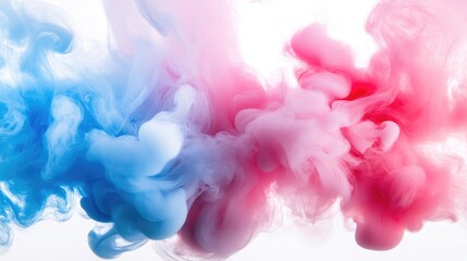 Fototapeta premium Abstract colorful smoke swirls in blue and pink tones on a white background creating a vibrant and artistic visual effect.