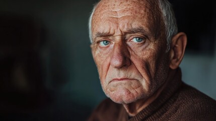 Intense gaze of a wise older man showcasing confidence and depth in a thoughtfully captured portrait indoors