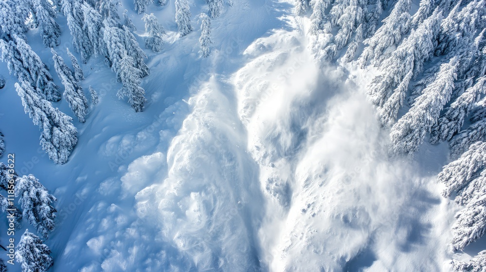 Poster aerial view of snowy mountainside with avalanche cascading through dense forest showcasing the power