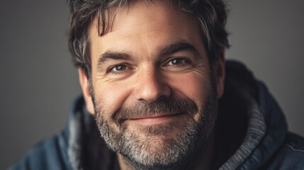 Obraz premium Smiling man close-up portrait with beard on neutral gray background conveying warmth and approachability in a casual setting
