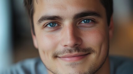 Smiling man's close up portrait with blue eyes showcasing modern style and shallow depth of field for emotional and engaging imagery