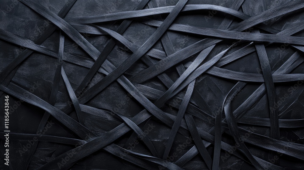 Poster black rubber bands on dark textured background creating a visually striking abstract pattern for cre