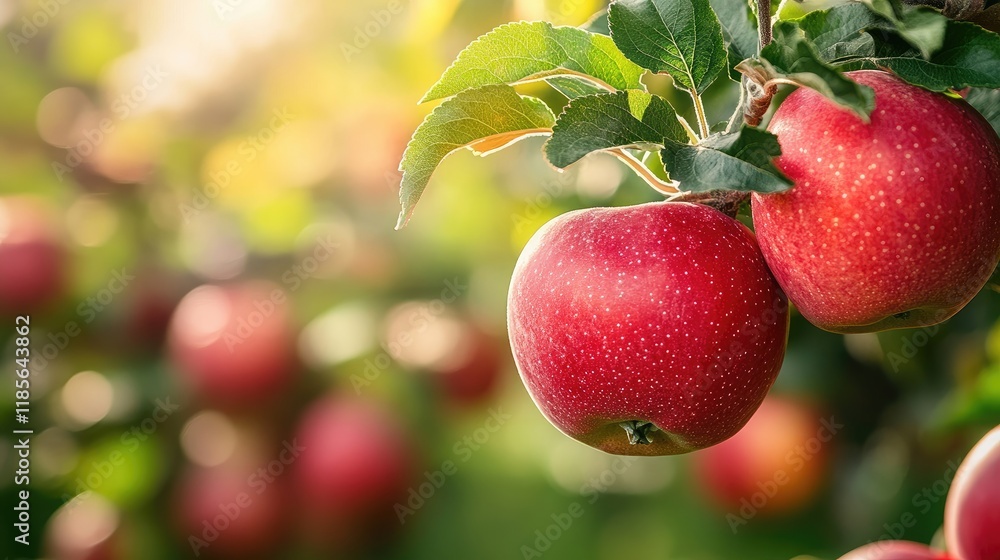 Poster ripe red apples hanging on branches in a sunlit lush orchard surrounded by greenery and soft bokeh b