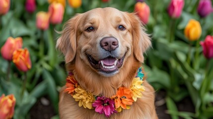 Smiling golden retriever adorned with a vibrant floral collar amidst a colorful tulip garden in full bloom during autumn season.