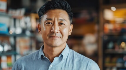 Fototapeta premium Confident male Asian business owner in his store exemplifying entrepreneurship with a warm and accomplished demeanor in a vibrant setting