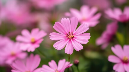 Obraz premium Close up of vibrant pink flowers with blurred background showcasing selective focus on delicate petals and lush greenery.