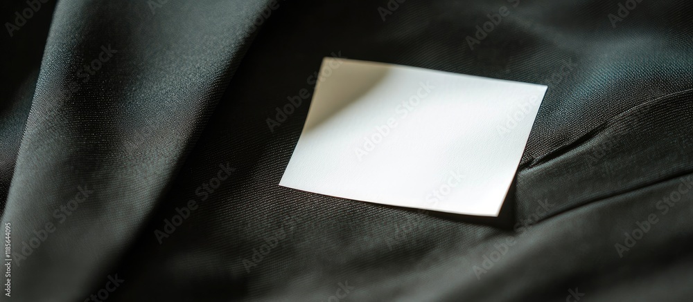 Poster close up of a blank white paper label on dark jacket fabric for customizable text or branding use in