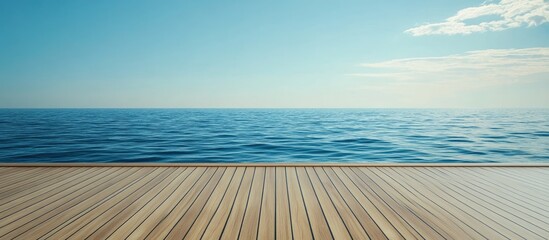 Obraz premium Tranquil seaside view from a wooden deck overlooking calm waters with blue sky and space for text.