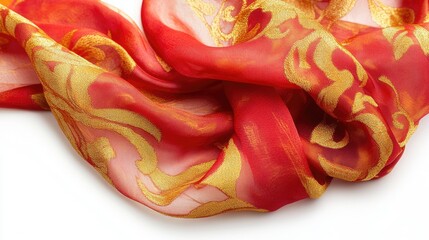 Red and gold patterned women's scarf beautifully draped on a white background showcasing elegance and style.