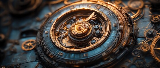 Obraz premium A retrofuturistic steampunk society with industrial architecture, gears, and clockwork mechanisms, emphasizing horology as a central part of this mechanically advanced world