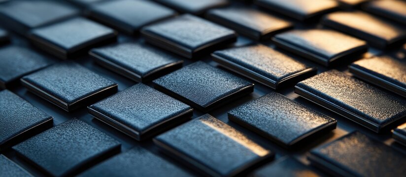 Close up of solar panels on a roof showcasing a sleek grid design ideal for renewable energy and sustainability concepts