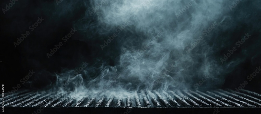 Poster barbecue grill with smoke creating a dramatic backdrop and empty space for customizable text or adve