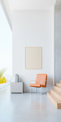 Modern minimalist interior featuring an orange chair and simple decor elements