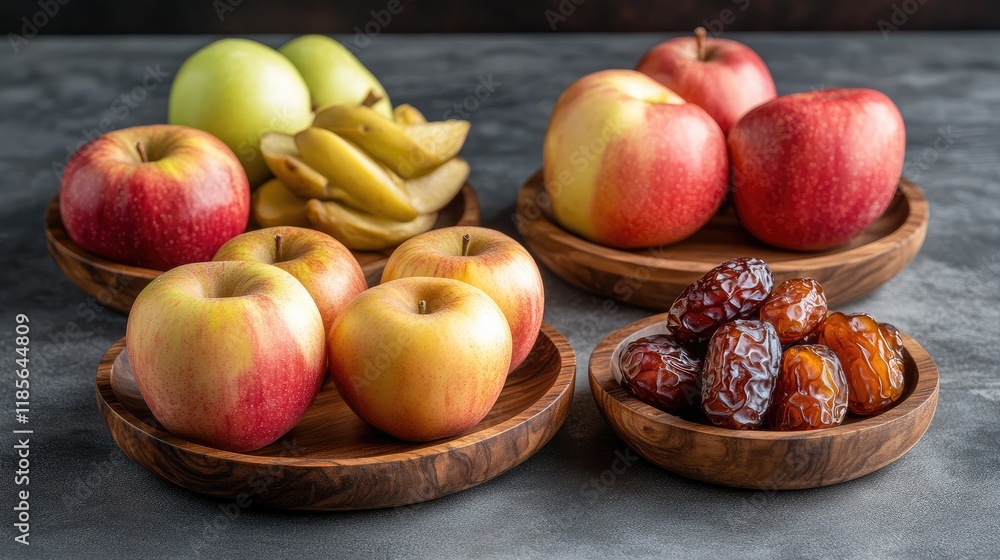 Poster assorted ripe apples and dates on wooden plates with soft lighting and dark background showcasing a 