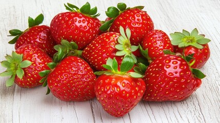 Fresh ripe strawberries piled on a rustic white wooden surface showcasing natural textures and vibrant colors for culinary designs.