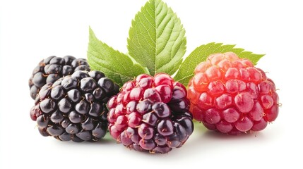 Fresh ripe blackberries with green leaves displayed against a clean white background for organic food and healthy lifestyle concepts
