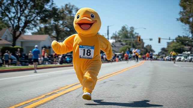 Duck Mascot Running in a Marathon