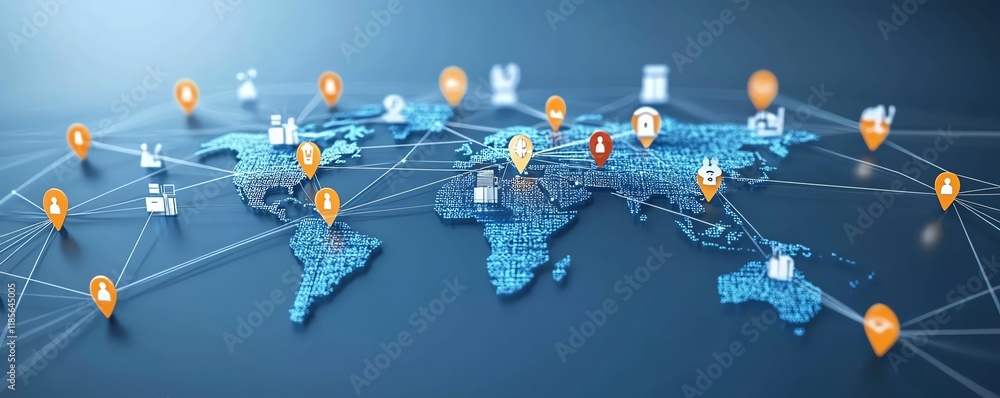 Aufkleber an interconnected global communication network concept, showcasing business nodes, human resources c