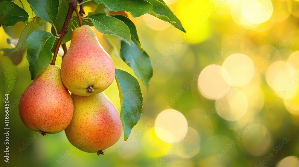 Poster ripe pears hanging on a tree branch with green leaves and a vibrant bokeh background in soft focus d
