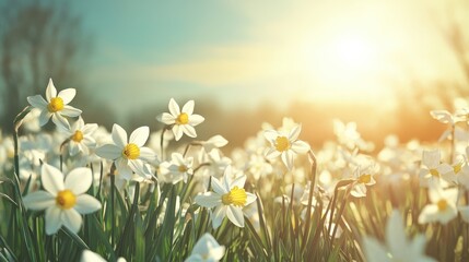 Vibrant field of white narcissus flowers basking in the warm glow of sunset against a serene landscape backdrop