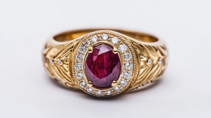 Naklejka premium Elegant vintage ruby and diamond bezel set ring featuring intricate detailing and a luxurious gold band