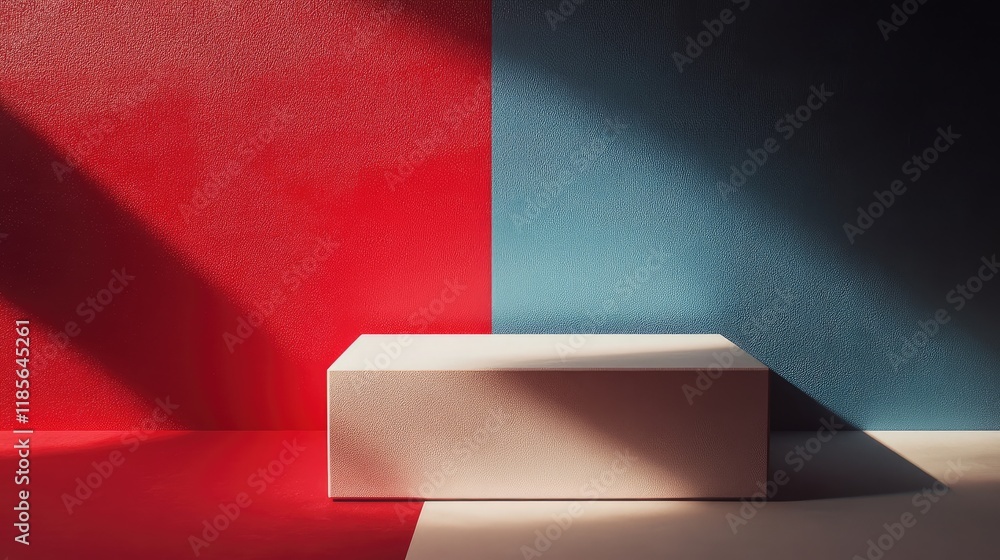 Poster minimalistic design featuring a rectangular podium against a backdrop of red and blue geometric shap