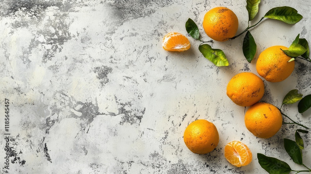 Poster ripe tangerines with green leaves on a rustic textured background showcasing vibrant citrus fruits i