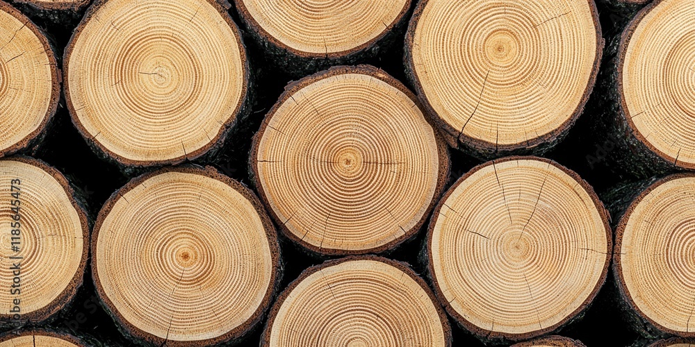 Poster wide view empty concept. wooden logs arranged in a circular pattern showcasing growth rings.
