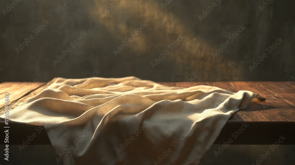 Poster elegant draped fabric on rustic wooden table creating a warm and inviting atmosphere with soft light