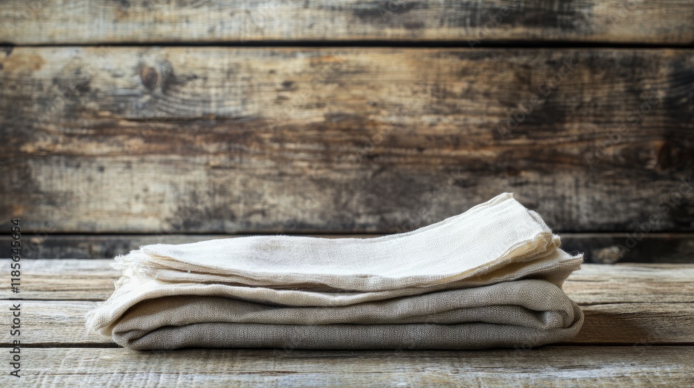 Poster textured cloth napkin neatly folded on rustic wooden table with planks in the background creating a 